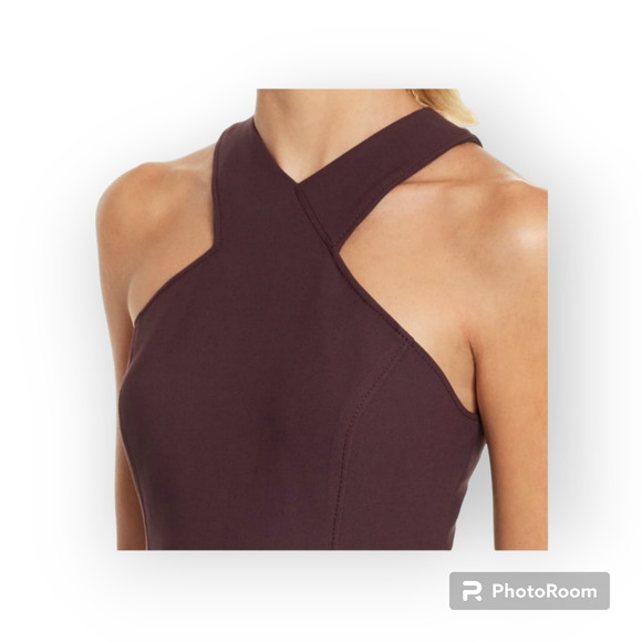 Cinq a Sept Dark Cherry Melina Halter Style Open Shoulder Cocktail Sheath Dress - Picture 15 of 16